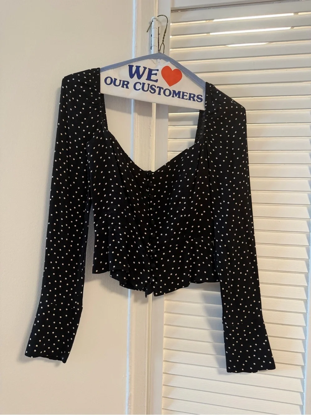 Reformation Black Polka Dot Sweetheart Long-Sleeve Top